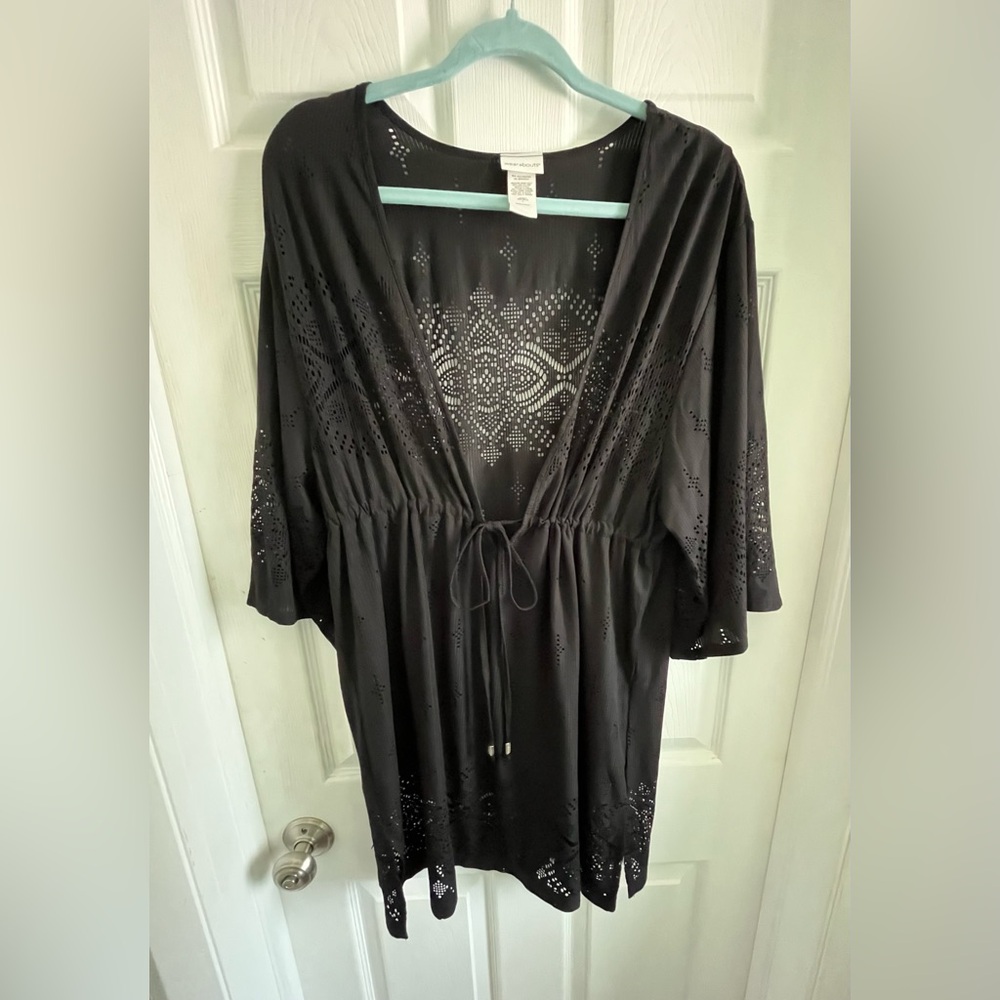 Black swim cover up with lasered lace details
